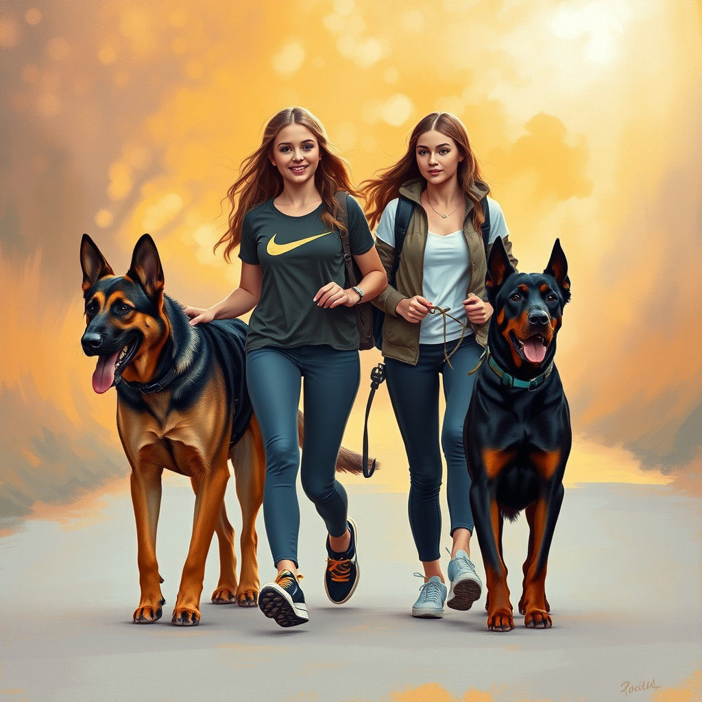 Girls Walking Dogs in Impressionistic Style