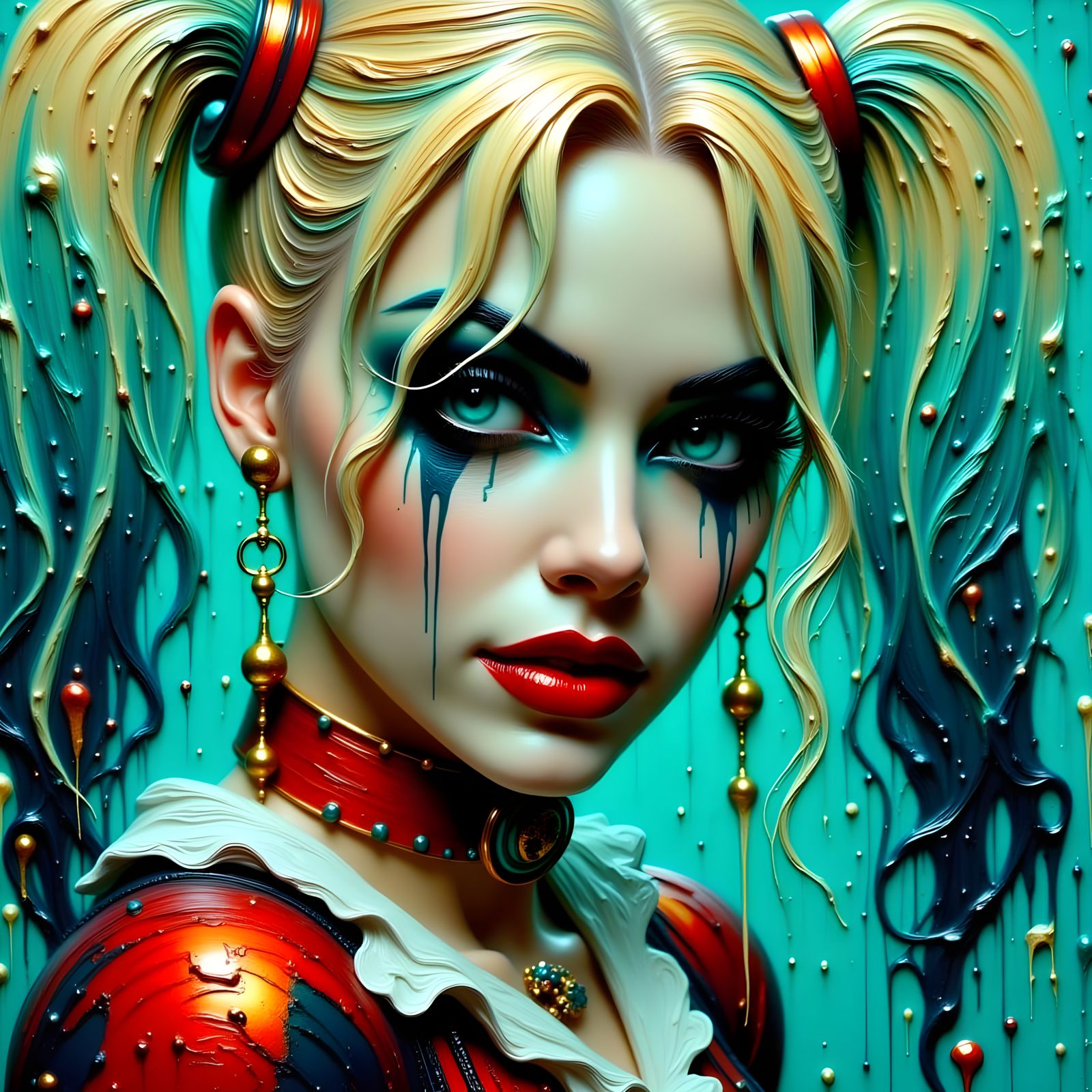 Harley Quinn in a Futuristic, High-Contrast Impasto Style