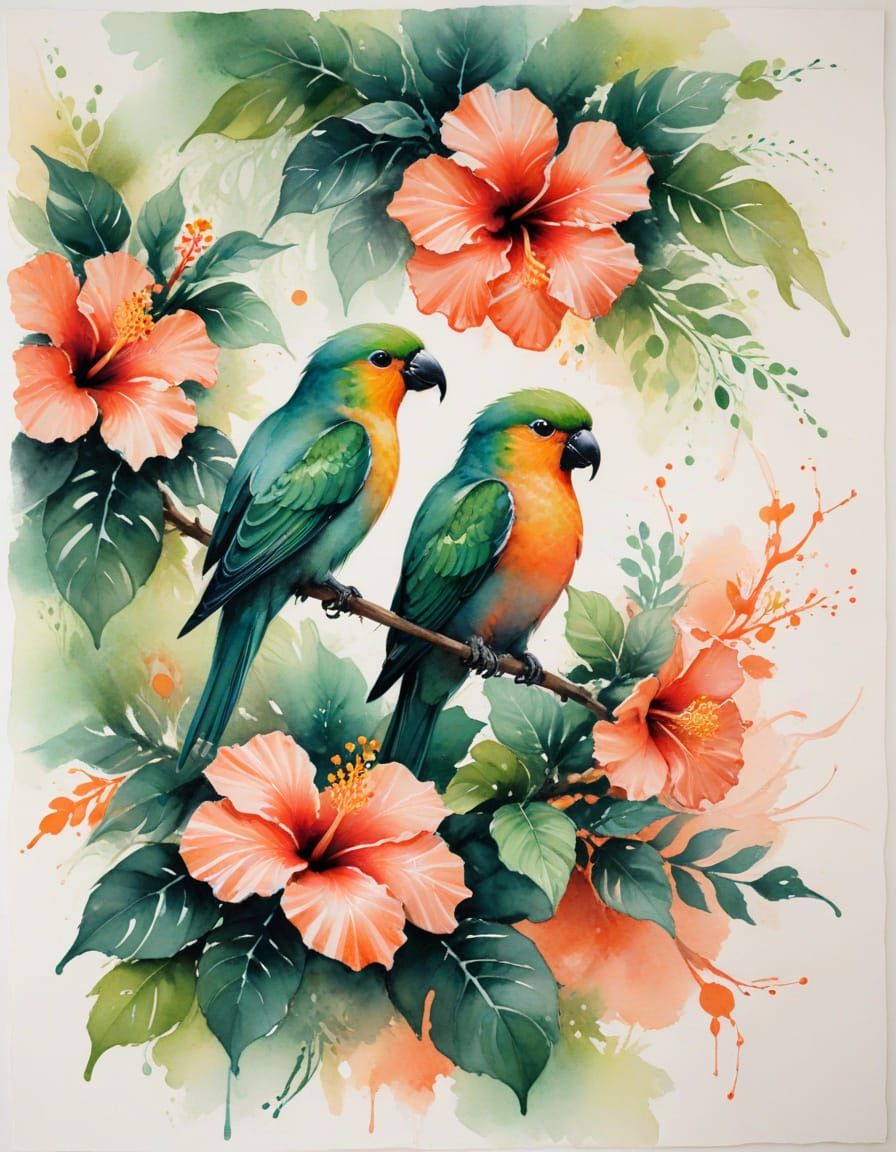 Lovebirds in Hibiscus Bower, Watercolour Art