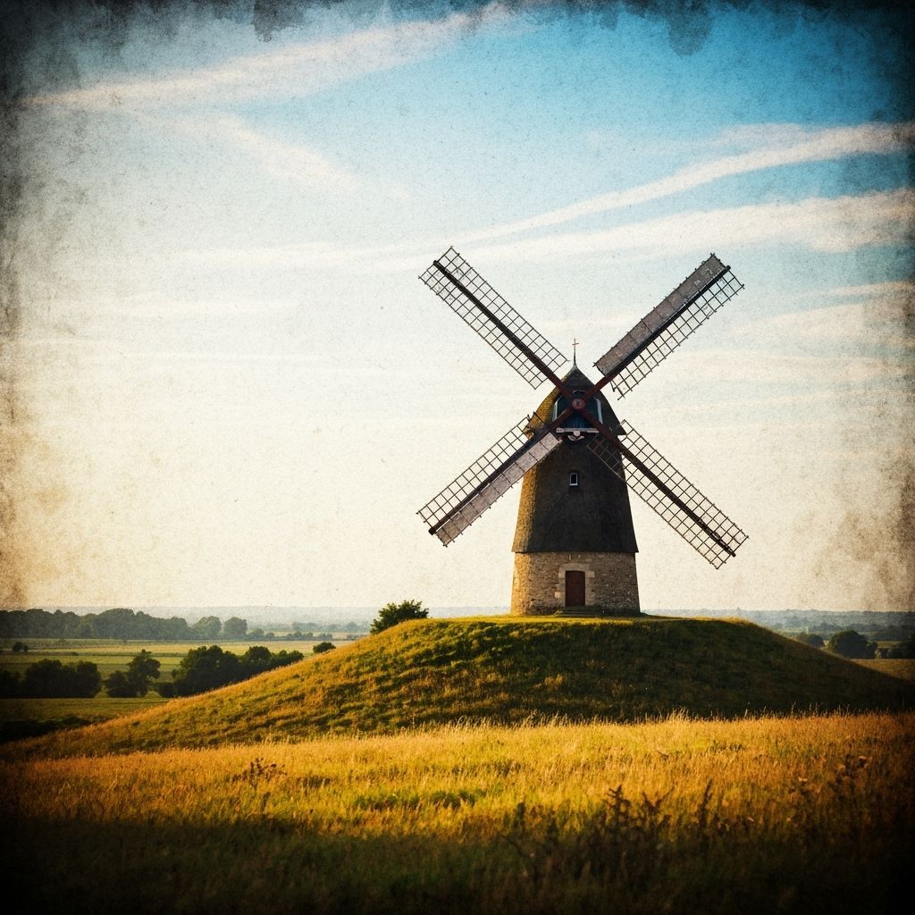 French Countryside Windmill in Ink Painting Style
