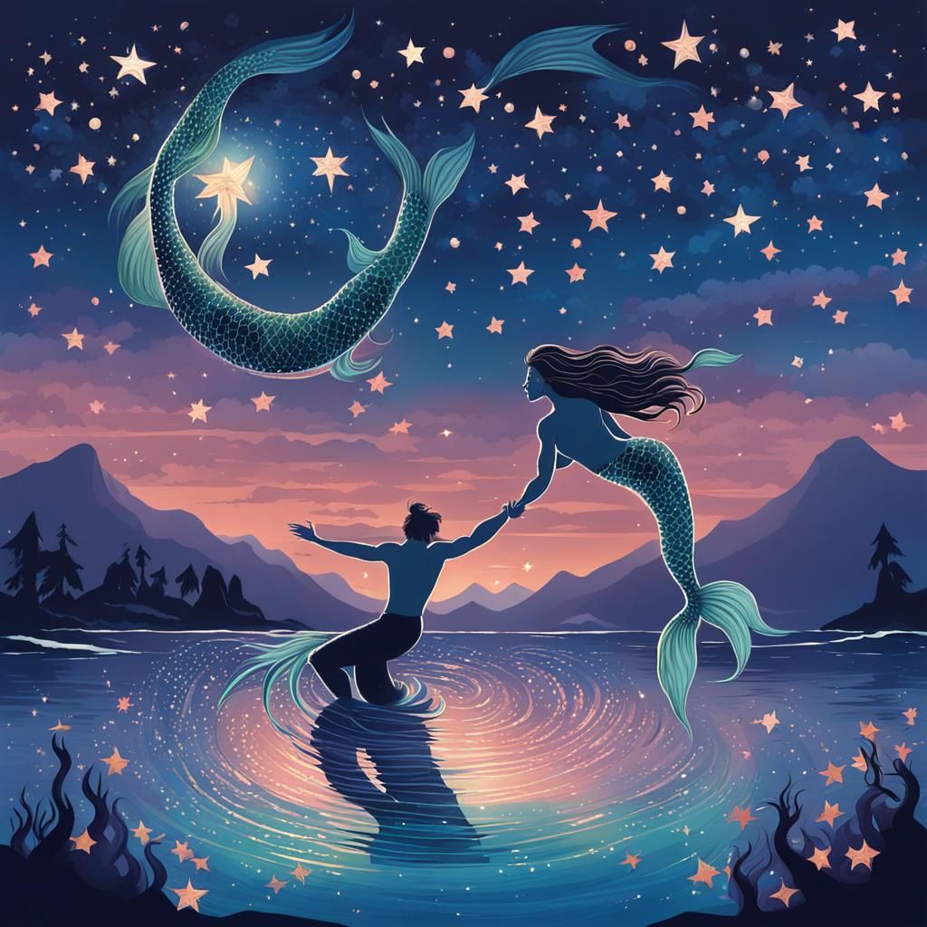 Mermaid and Merman Dance Under Shooting Stars