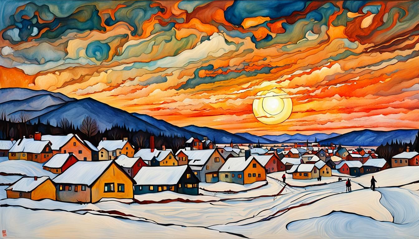 Winter Sunset in Expressionist Style