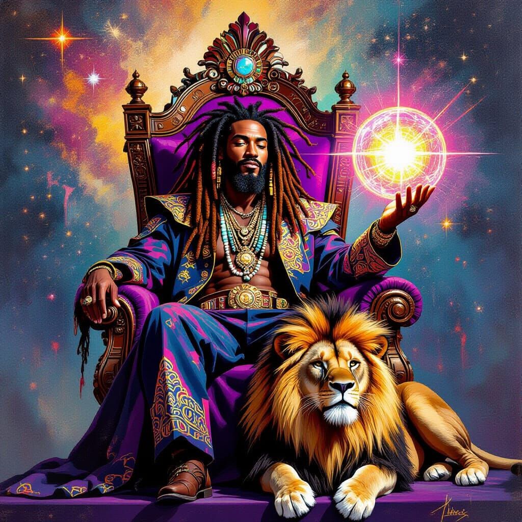 Black Man on Amethyst Throne in Basquiat-Haring Style