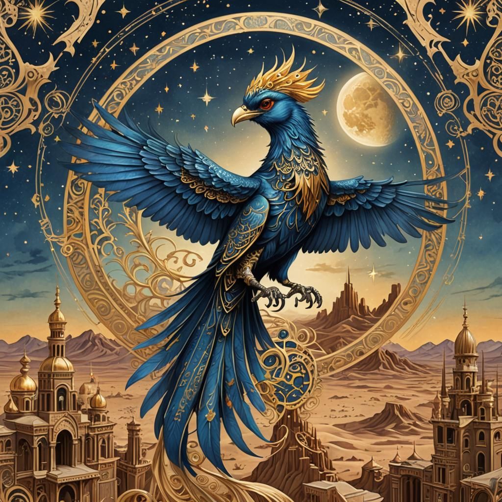 Blue and Gold Firebird Rising Over Desert