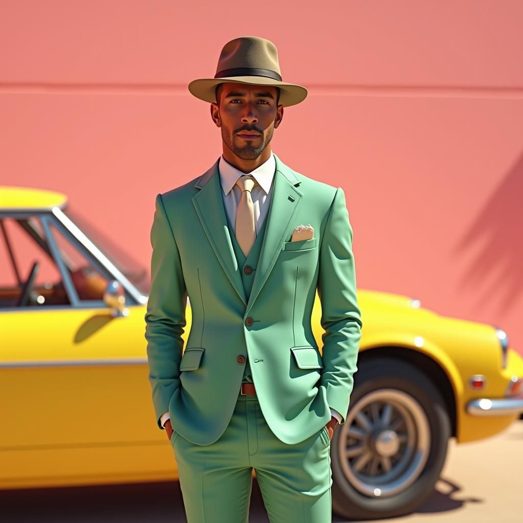 Man in Green Suit Against Pink Wall, Digital Art