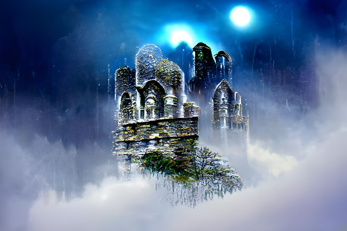 Eerie Dark Fantasy Castle Shrouded in Mist