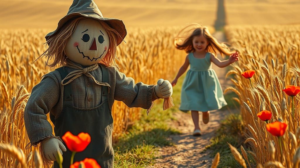 Scarecrow in Golden Wheat Field with Girl