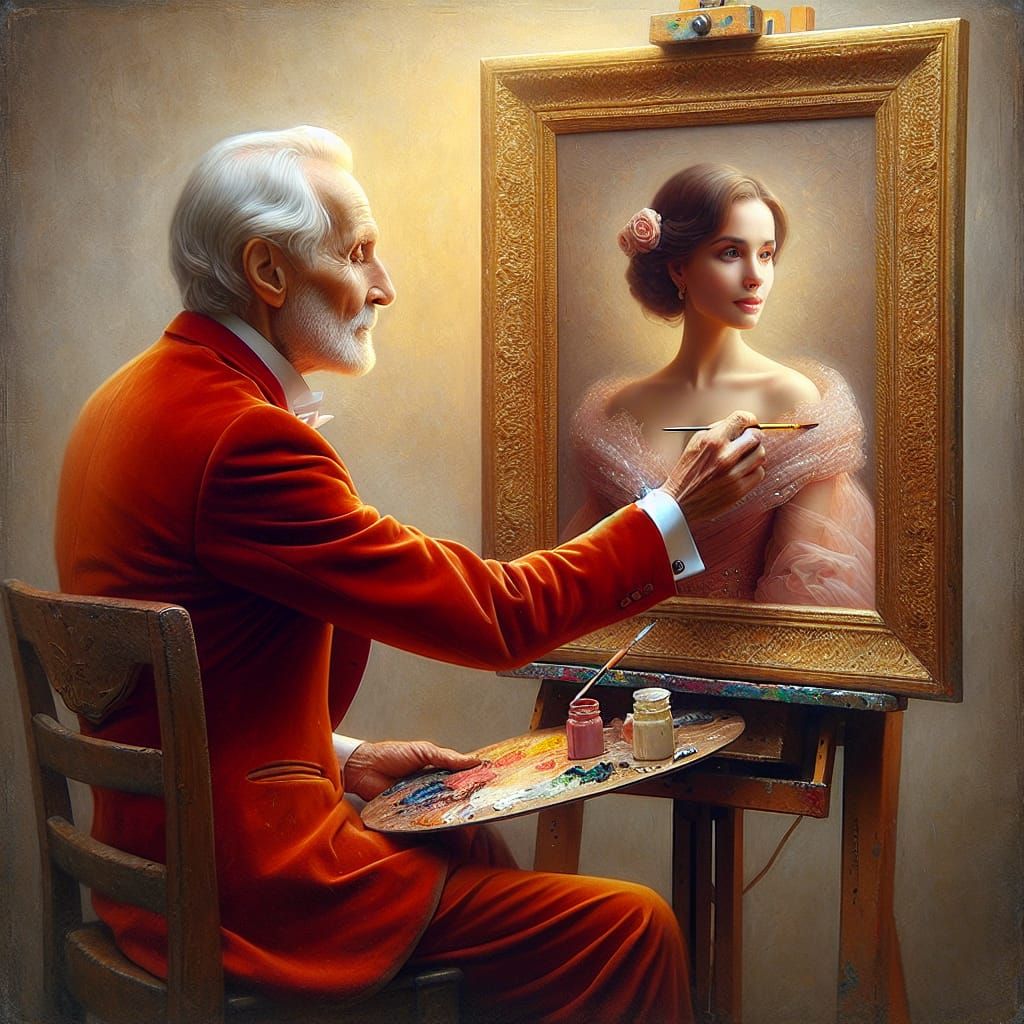 Elderly Artist Finishes Portrait of Elegant Woman in Golden ...