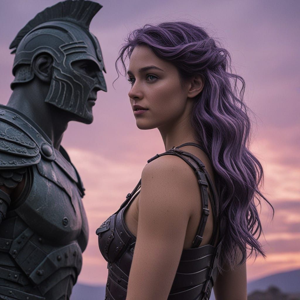 Woman and Gladiator Statue in Ultra-Photorealistic Style