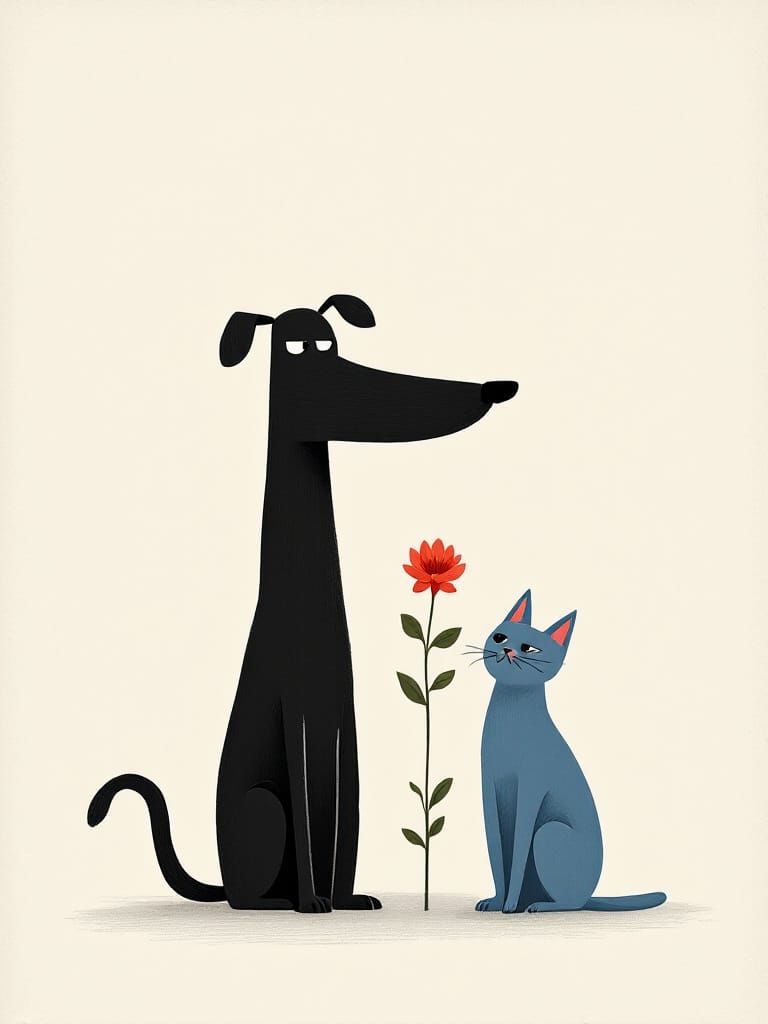 Dog, Cat, and Flower: A Minimalist Whimsical Scene