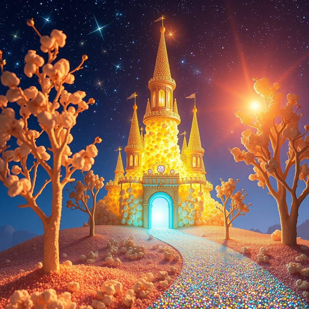 Iridescent Popcorn Castle Under Starry Sky
