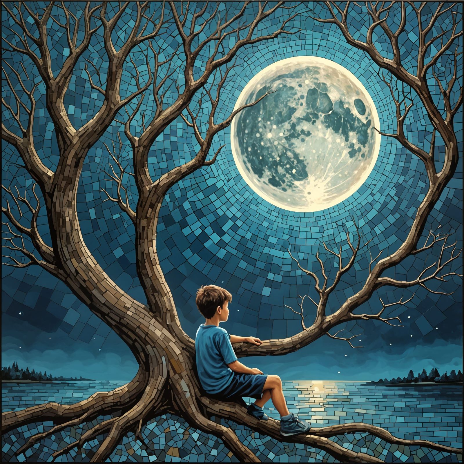 Boy Under Moonlight: Mosaic Style Oil Painting