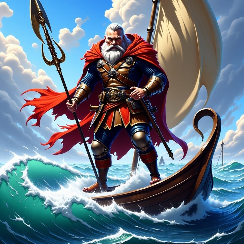 Heroic Warrior Pirate on Sailboat, Fantasy Art