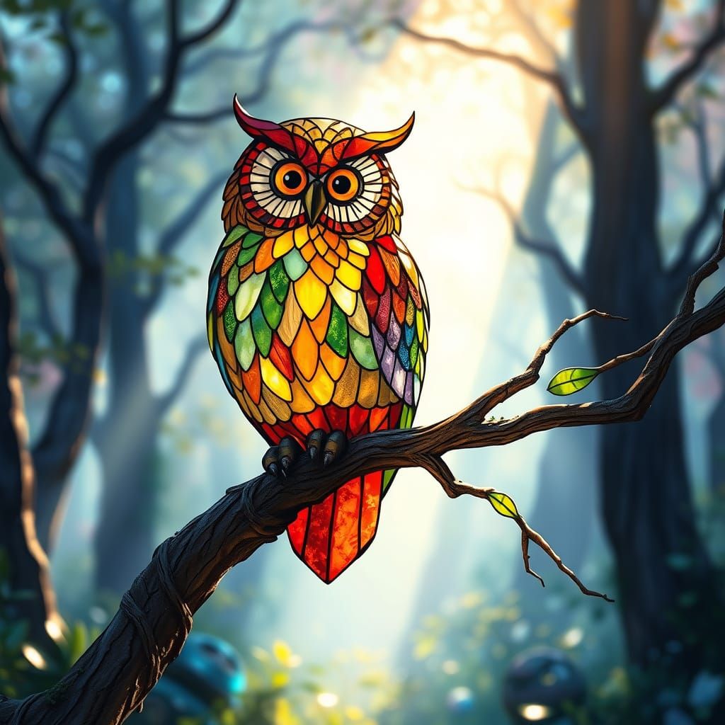 Stained Glass Owl on Ancient Branch in Watercolor Style