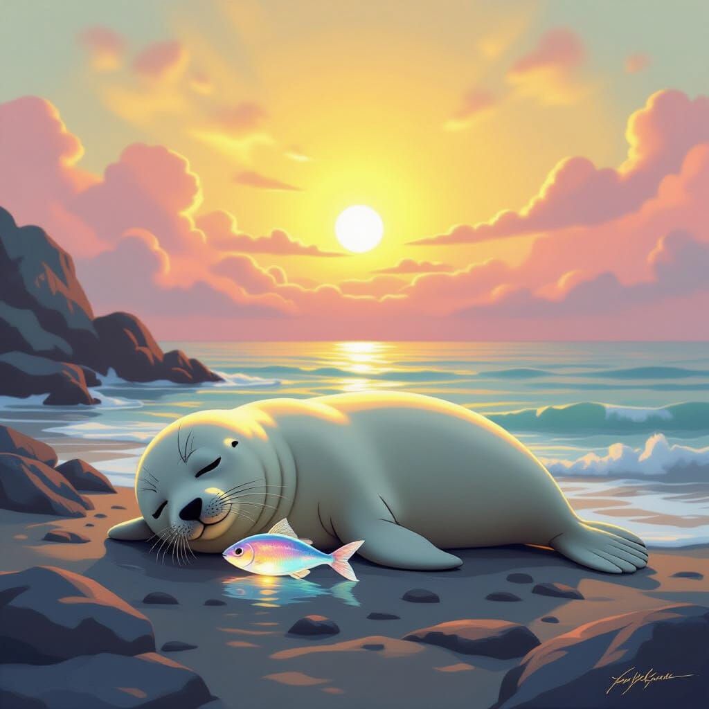 Cute Seal Sleeps Under Dreamlike Aurora Sky