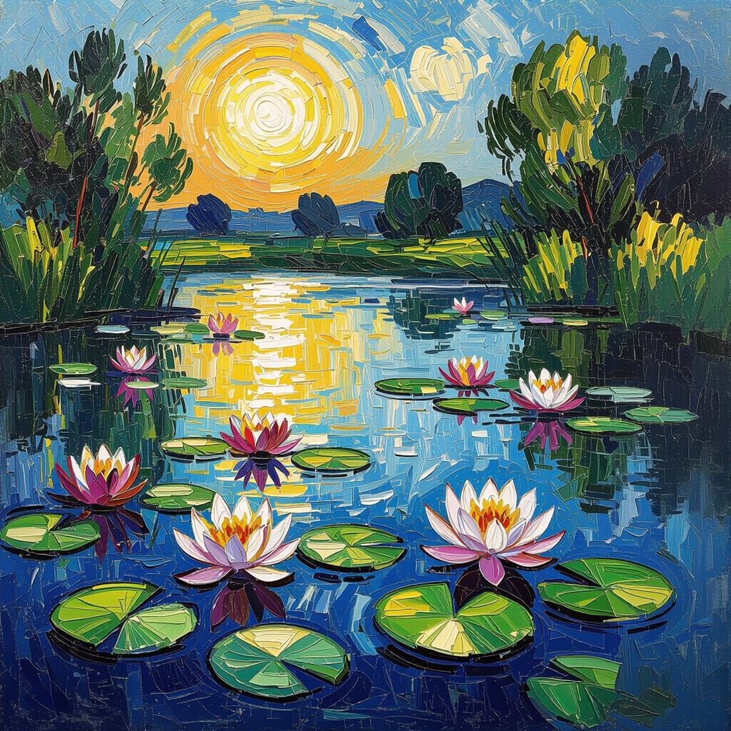 Van Gogh Style Water Lilies Impasto Oil Painting