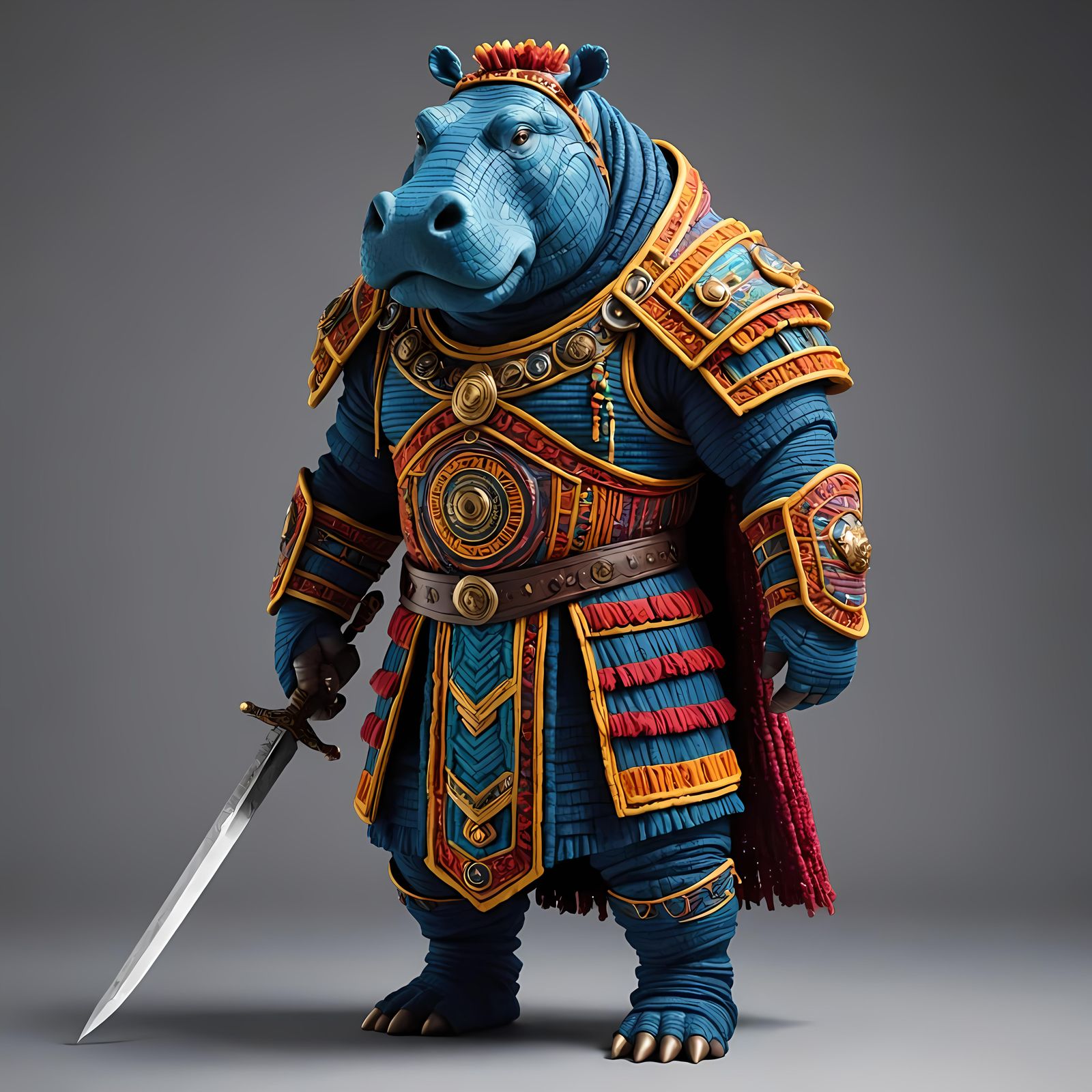 Armored Hippo Warrior in Intricately Woven Yarn Dress