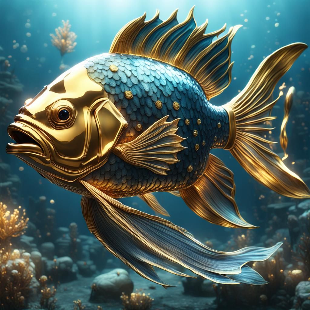 Golden Crystal Fish: Detailed Fantasy Art