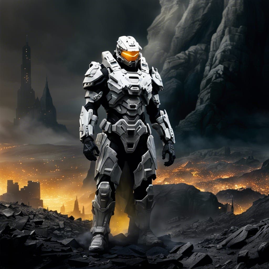Halo Spartan Warlord in Destroyed Volcanic Cityscape