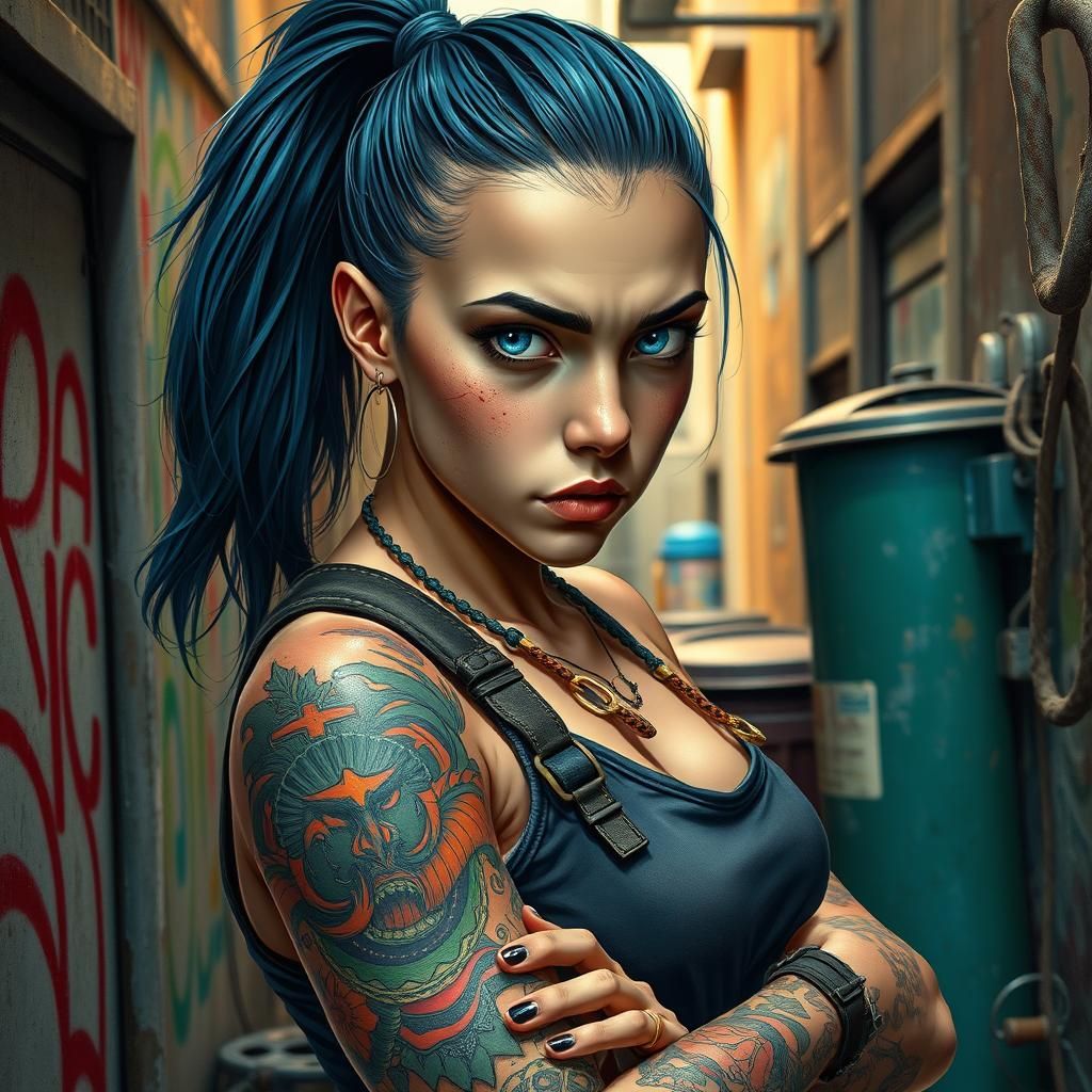 Teenage Brawler in Graffiti Alley, Hyperrealistic Comic Art