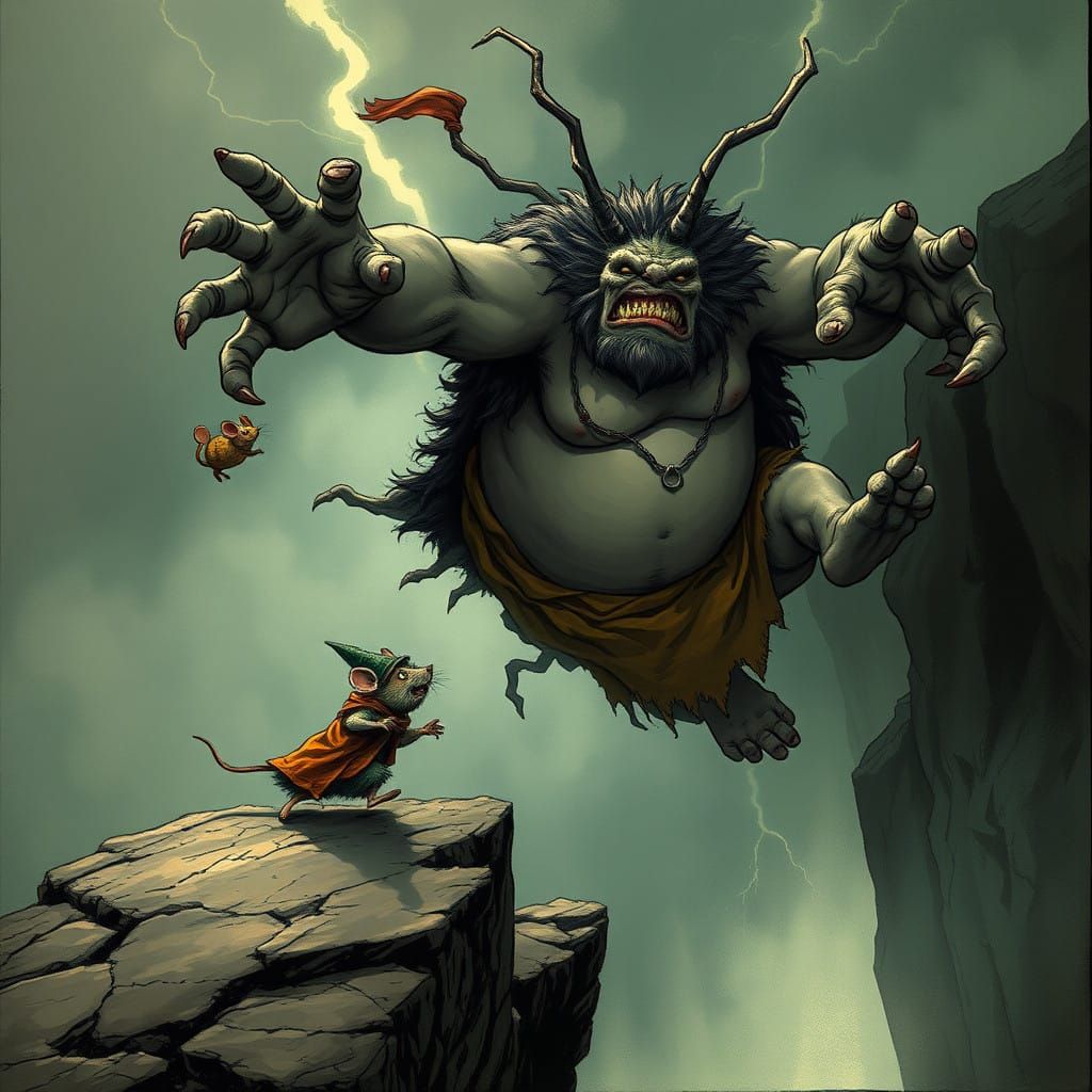 Mouse Watches Ogre Plummet in Desperate Chase