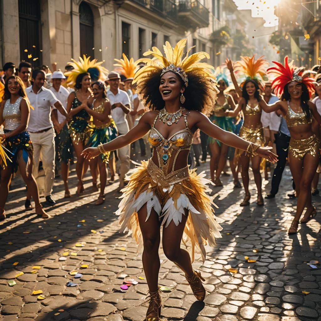 Brazilian Carnival Dancers in Rio at Golden Hour