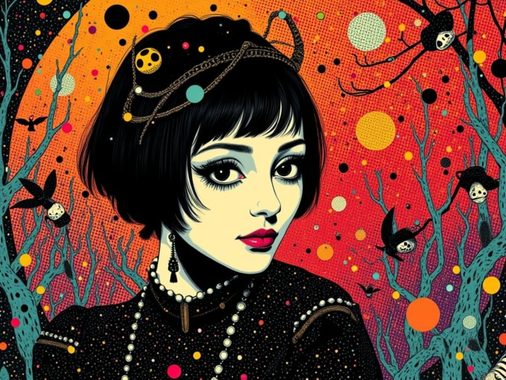 Ethereal Gothic Woman in Mid-Century Pop Art Style