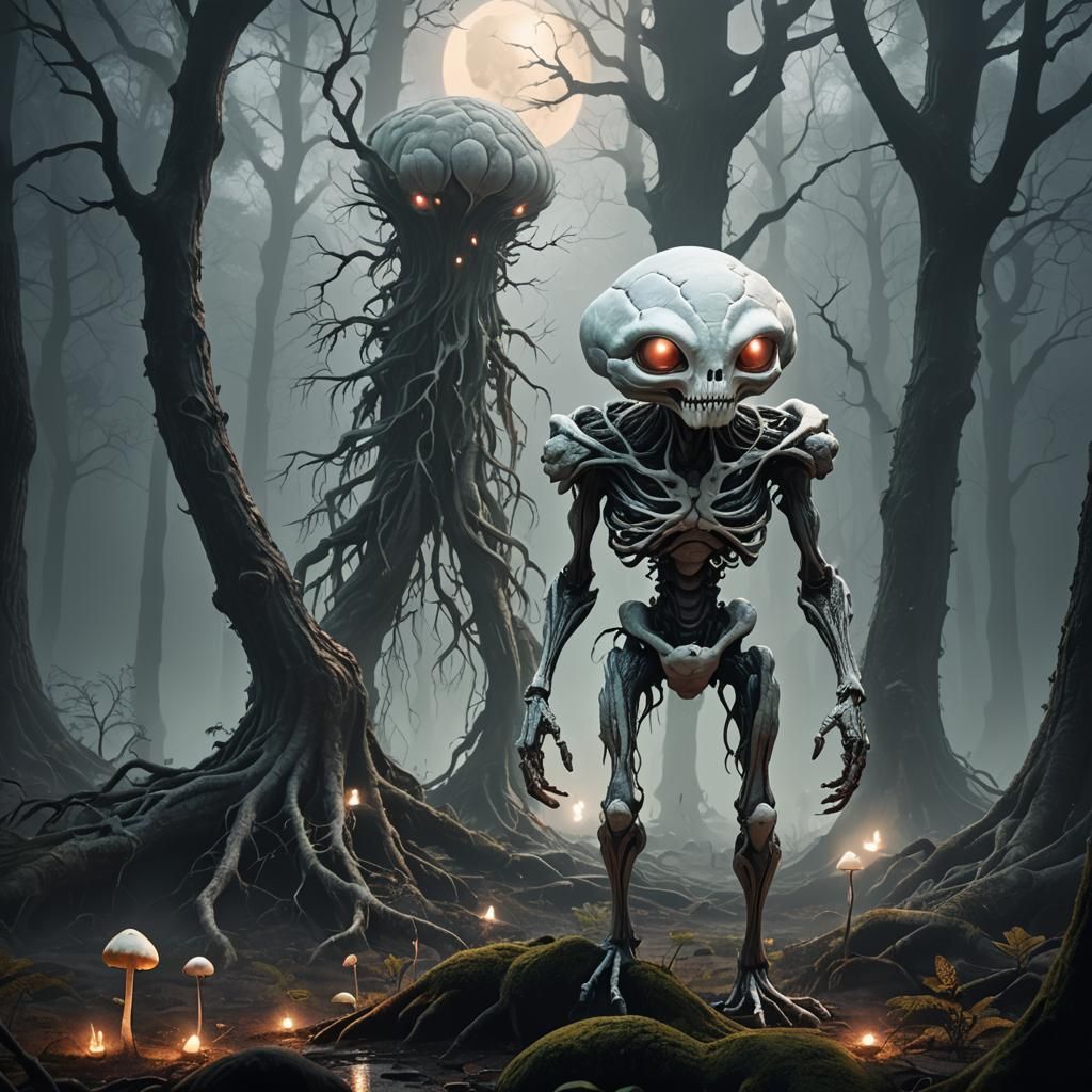 Ethereal Marshmallow Alien in Misty Forest