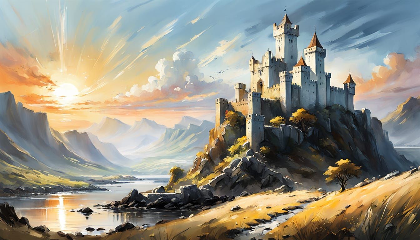 White Dragon Ruined Castle at Dawn: Watercolour Painting