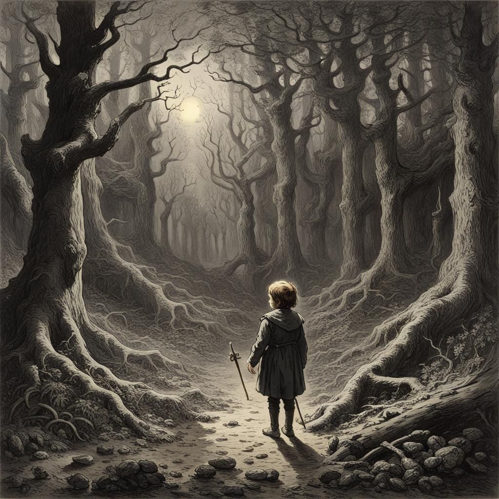 Child in Dark Woods: Gothic Horror Illustration