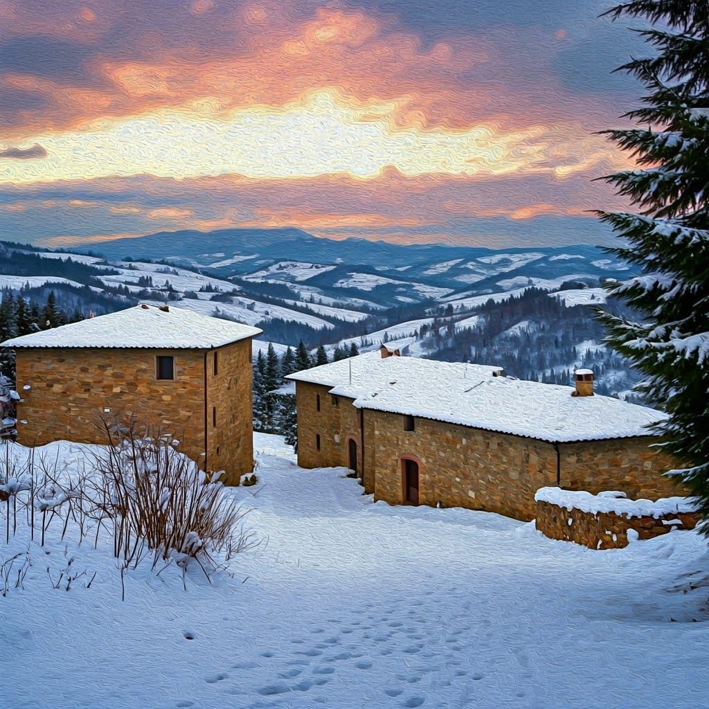 Snowy Italian Village Scene in Impressionist Style