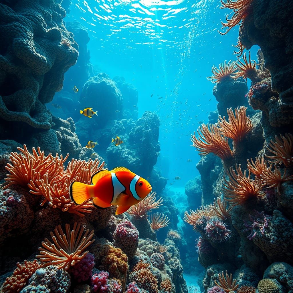 Vibrant Coral Reef Scene with Clownfish