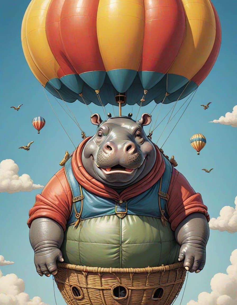 Anthropomorphic Hippo's Hot Air Balloon Adventure