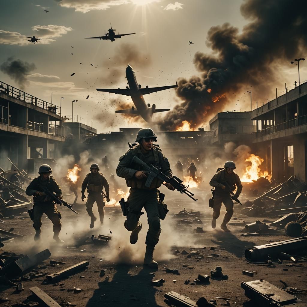 Government Soldiers Attack Rebel Airport: Cinematic Film Sti...