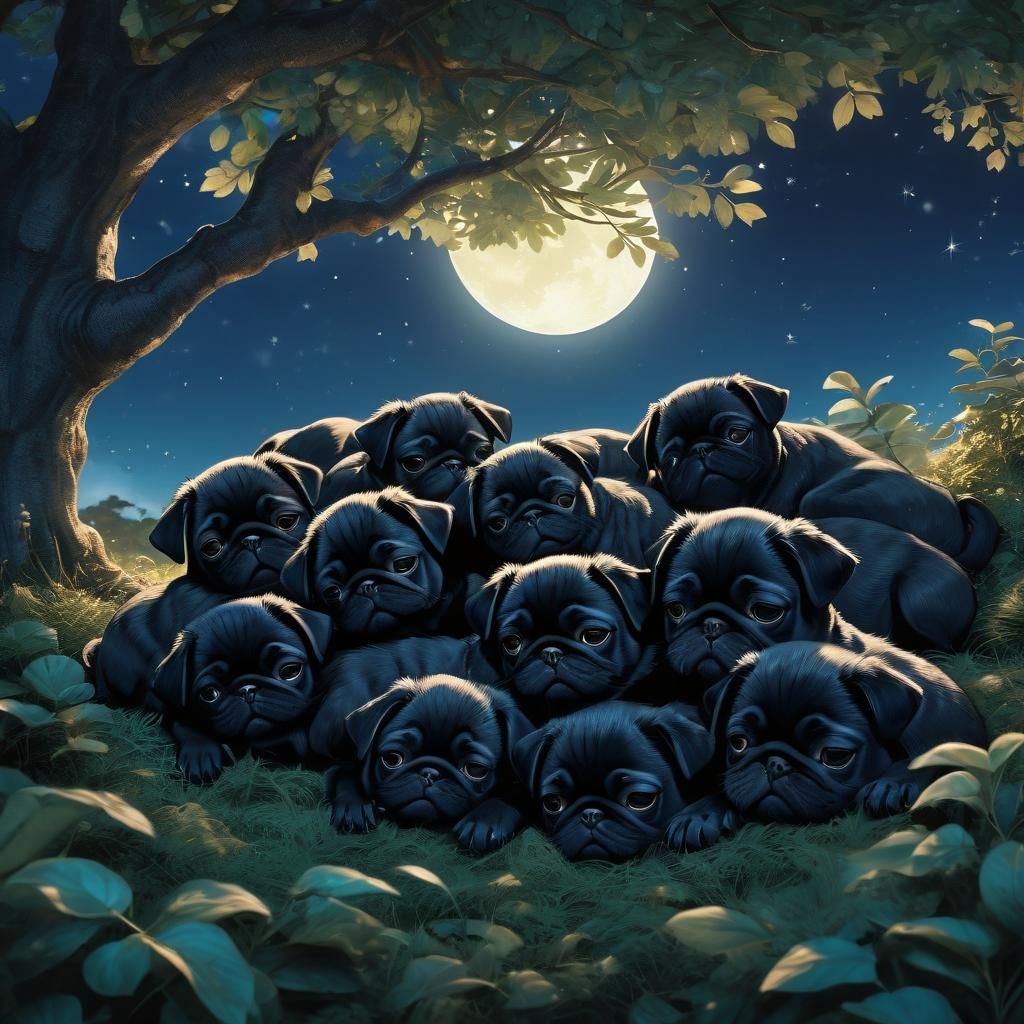 Anime Style: Black Pug Puppies Dream Under Moonlight