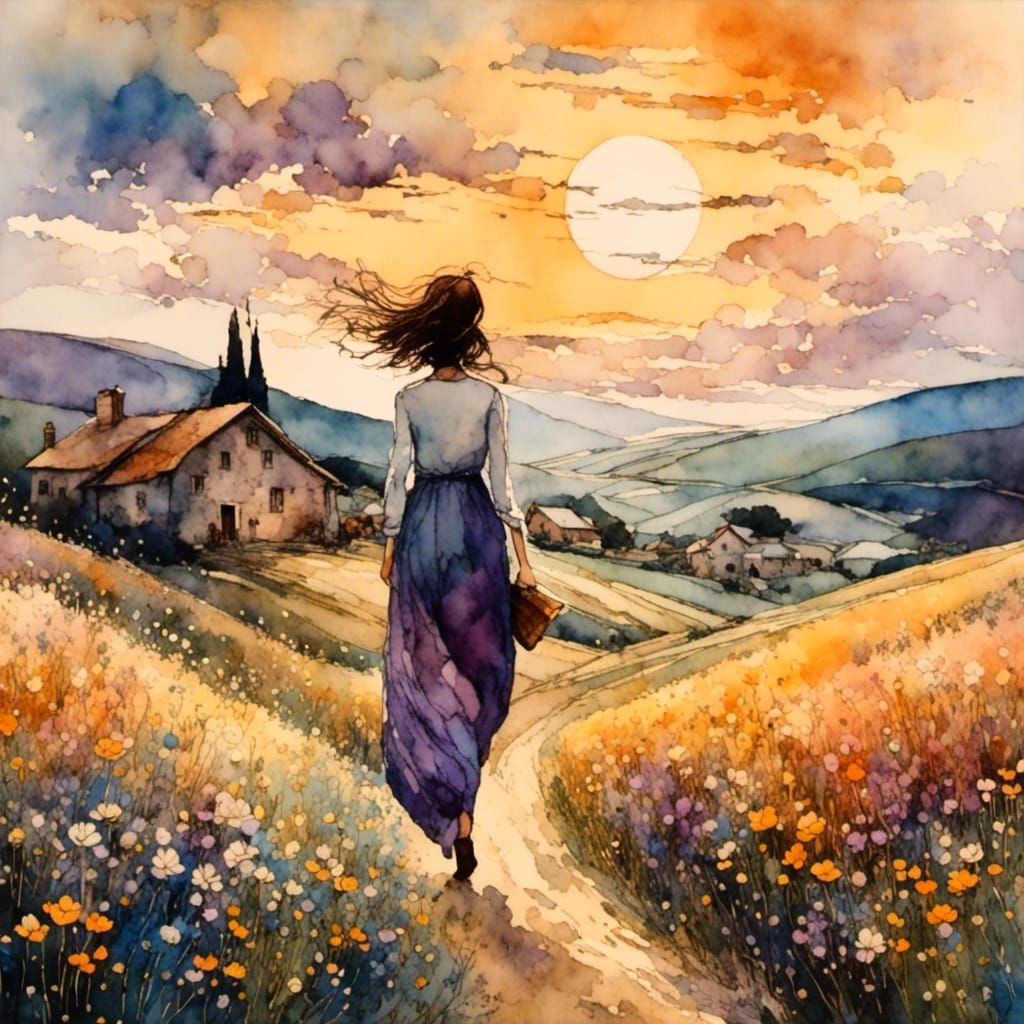 Woman Walking in Countryside with Liquid Ink Effect