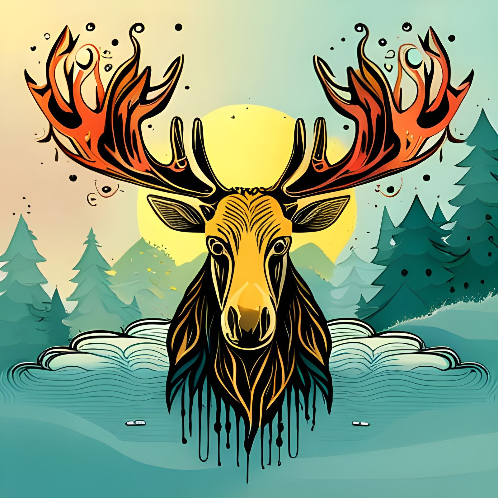 Majestic Moose in Golden Hour with Ink Splatters