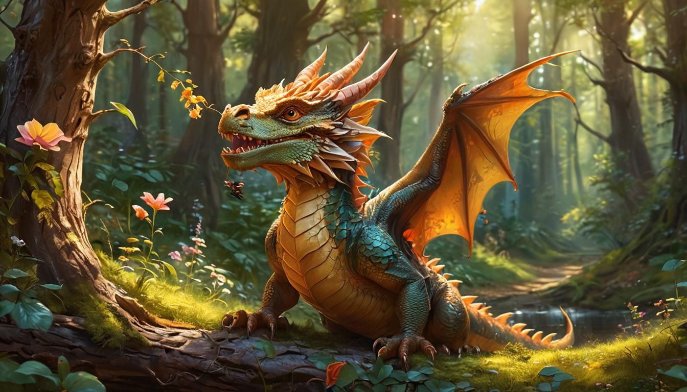 Dragon and Bird in Forest, Oil Painting Style