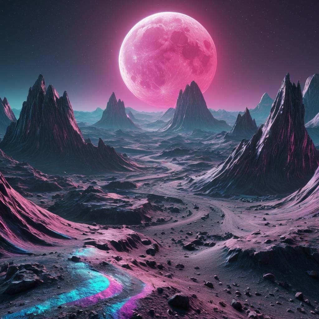 Psychedelic Moonscape with Bowing Mountains in CGI Quality