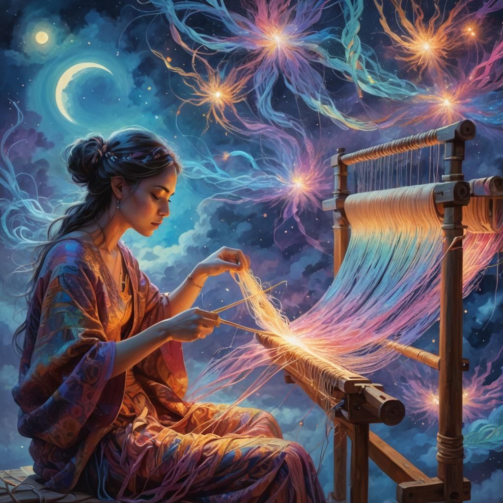 hyperdetailed fantasy art of a person, seated at a loom, wea...