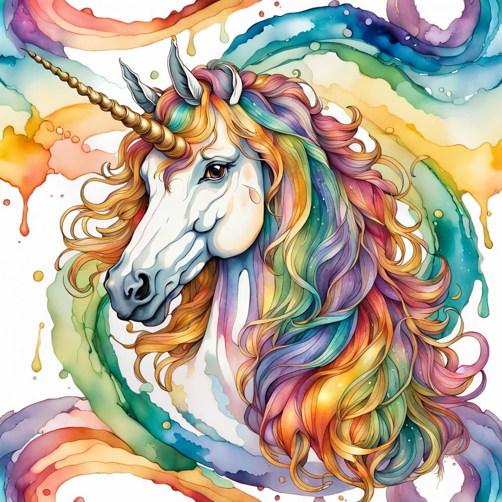 Rainbow Unicorn with Golden Mane: Alcohol Ink Art