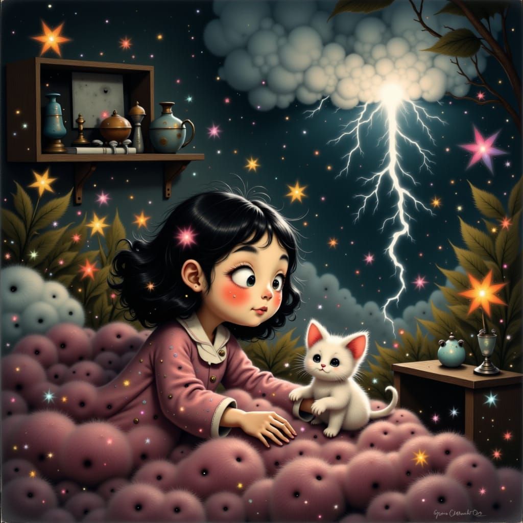 Girl and Kitten Hiding During Storm, Whimsical Illustration