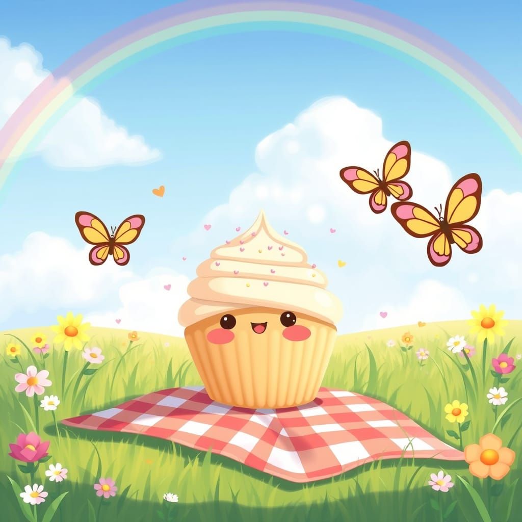 Kawaii Cupcake in Sunny Meadow with Rainbow