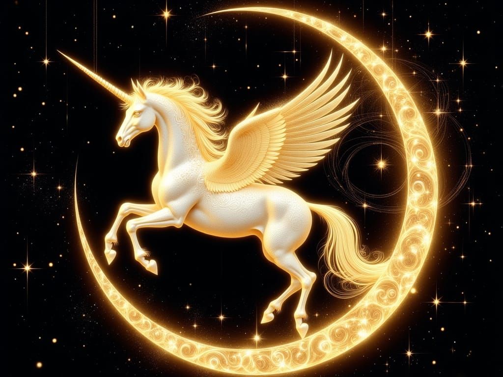 Luminous Winged Unicorn in Golden Linework Above Moon