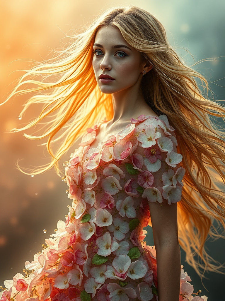 Woman in Water Petal Dress: Hyperrealistic Splash Art