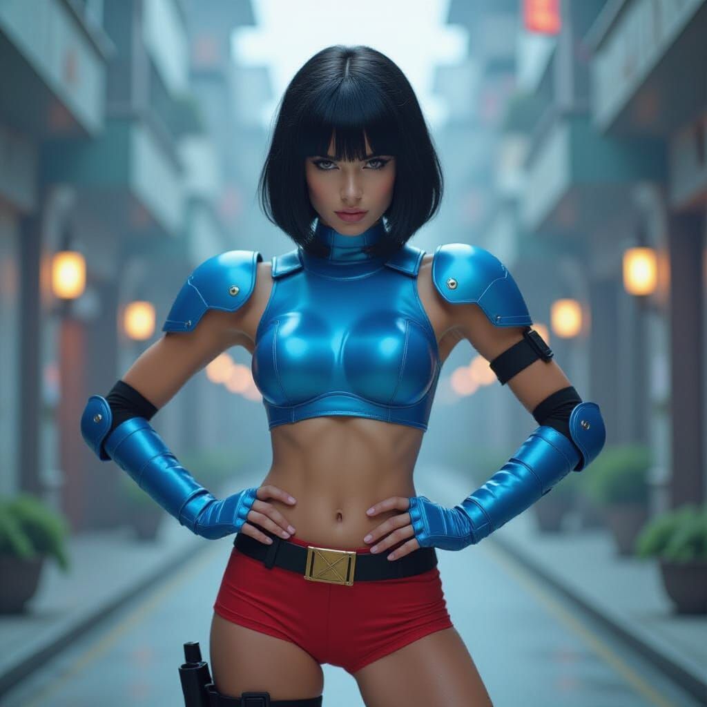 Bulma in Futuristic Armor: A Confident Pose