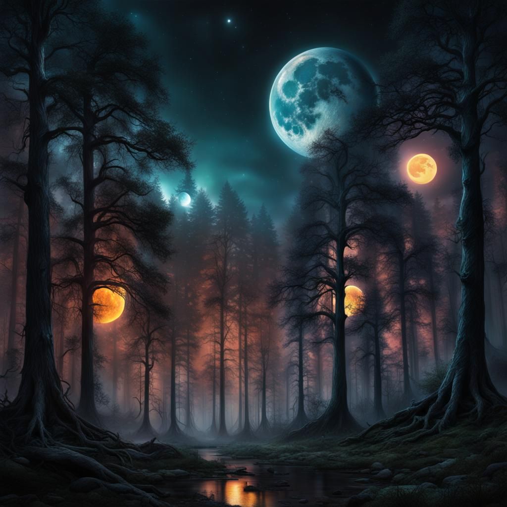 Colorful Moons Shine over Dark Forest City