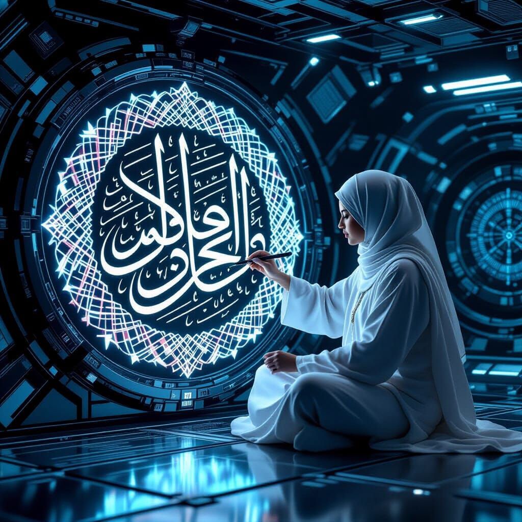 Weightless Calligraphy in Space, Photorealistic Sci-Fi Art