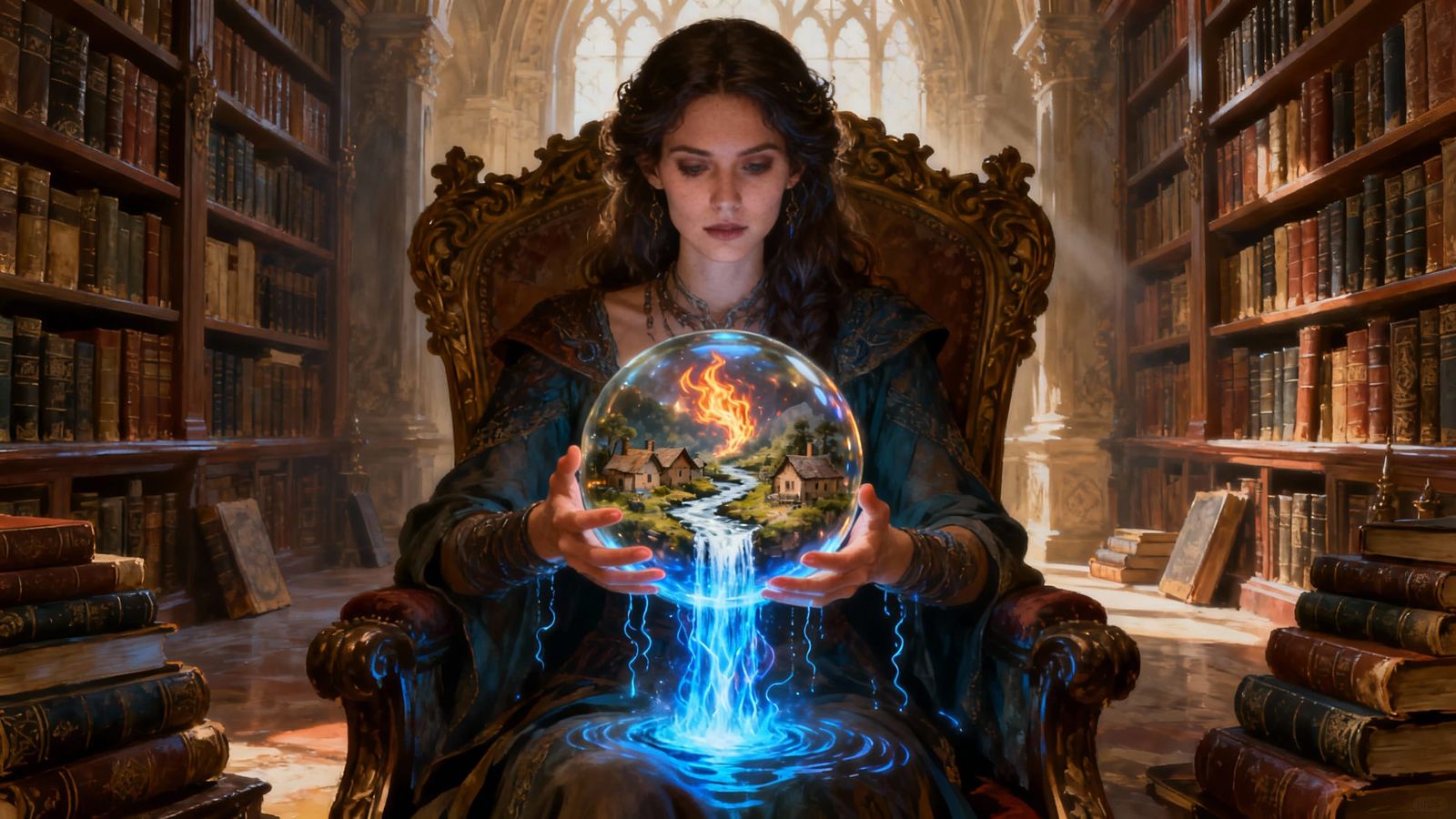 Woman Holds Magical Orb in Grand Library