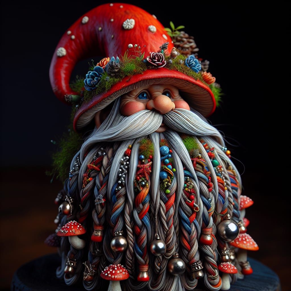Gnome with Braided Beard on Mushroom Cap